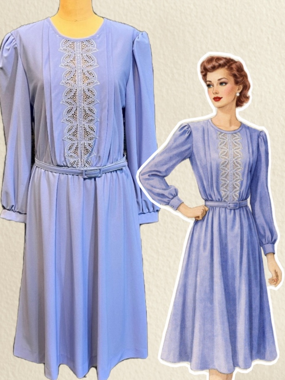 VINTAGE 80s JCPenney soft lavender lilac lace midi‎ dress long sleeve belted 70s